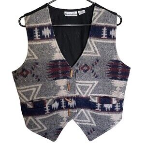 Generalities Vest Women’s Medium Vtg Aztec Wool Multicolor Pockets Wood Buttons